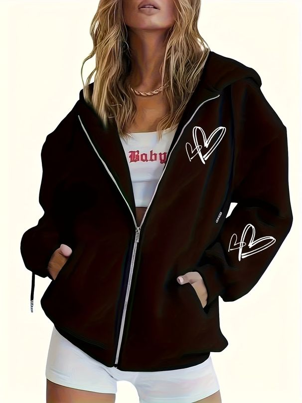 Women's Clothing Fashion Printed Hooded Zip Up Cardigan Loose Casual Long Sleeved Boyfriend Style Jacket Women's Outerwear Print_ecoleips.com