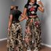 Women's Style Printed Two Piece Set Cropped Short Sleeved Wide Leg Pants Tight Fitting Sexy Top Set_ecoleips.com