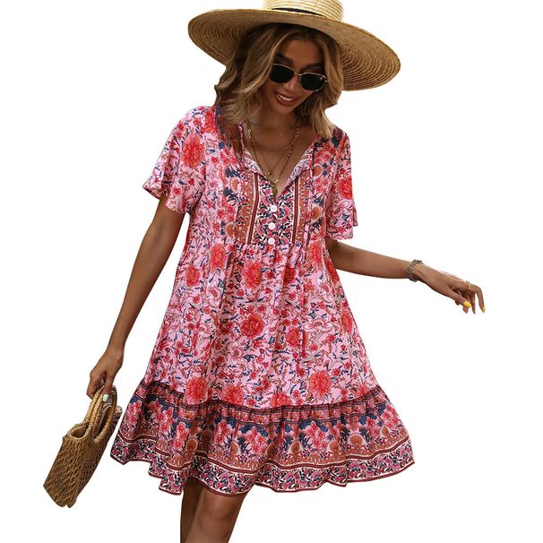INS New 2026 European And American Cross-Border Women's Small Floral V-Neck Loose Casual Bohemian Vacation Style Dress_ecoleips.com