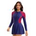 Women's Modest Long Sleeve Swim Dress Color Block UV Protection Rash Guard Skirted Bottom_ecoleips.com