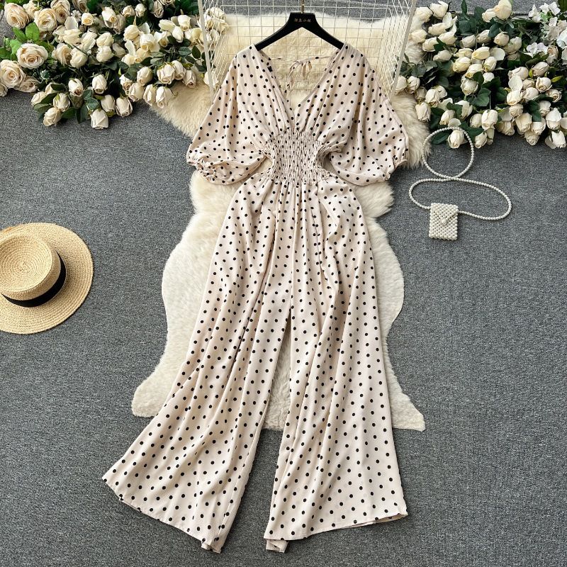 European And American Style Women's Vacation Jumpsuit Long Youthful Puff Sleeves Elastic Waist Slimming Wide Legs_ecoleips.com