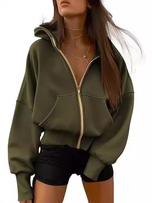 Women's Clothing Women's Zipper Hooded Long Sleeve Cropped Sweatshirt Wool Hooded Jacket Fashion Autumn And Winter_ecoleips.com