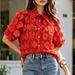 Women's French Court Style Shirt Three Dimensional Petal Flower Print Hollowed Out Lantern Sleeves Chic Mesh Blouse_ecoleips.com