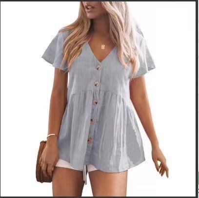 Breathable V-Neck Linen-Blend Dress – Casual Short-Sleeve Smocked Sundress (Red/Light Blue/Mint/Pink/Black/Lavender/Gray, S-Xxl)_ecoleips.com