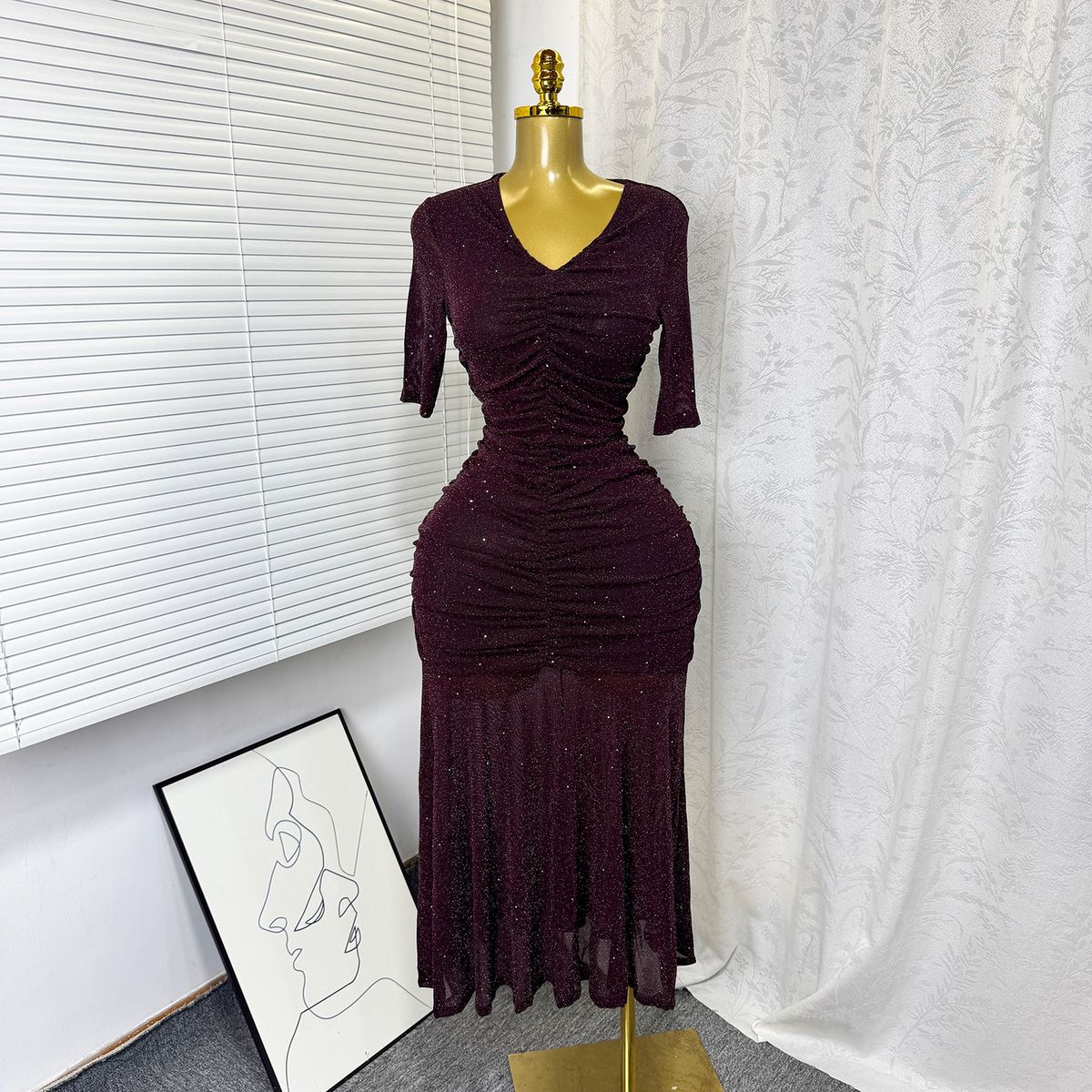 Elegant French Style Stretch Mesh Pleated V Neck Slim Fit Long Dress for Women High Waisted Summer Dress Flattering_ecoleips.com
