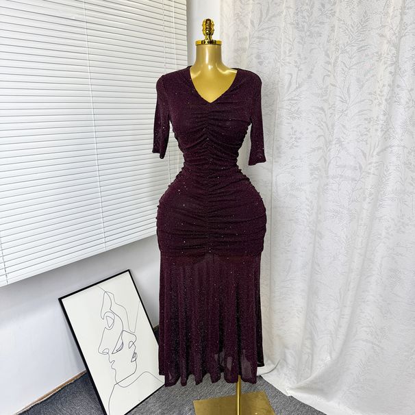 Elegant French Style Stretch Mesh Pleated V Neck Slim Fit Long Dress for Women High Waisted Summer Dress Flattering_ecoleips.com