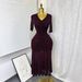 Elegant French Style Stretch Mesh Pleated V Neck Slim Fit Long Dress for Women High Waisted Summer Dress Flattering_ecoleips.com