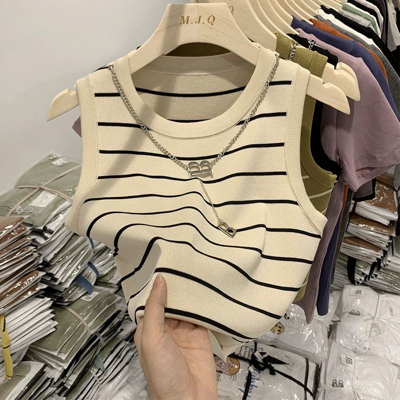 Women's Clothing Striped Knit Camisole Summer Wide Shoulder Straps Base Layer Fitted Tank Top Anti-Exposure Regular Fit Polyester_ecoleips.com