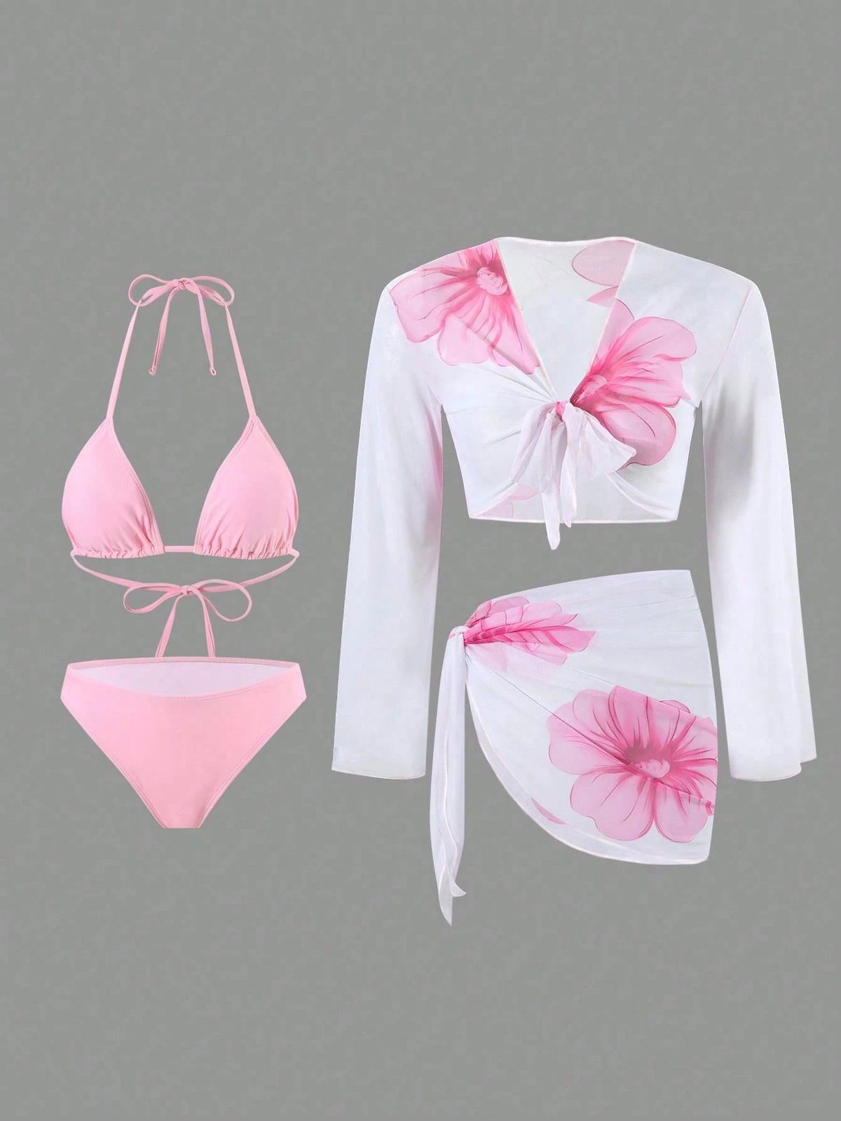 Women's Long Sleeved Outer Cover Swimsuit Two Piece Printed Tie up Bikini Four Piece Set Outerwear_ecoleips.com