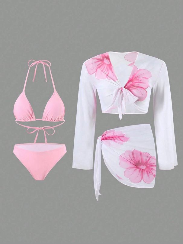 Women's Long Sleeved Outer Cover Swimsuit Two Piece Printed Tie up Bikini Four Piece Set Outerwear_ecoleips.com