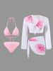 Women's Long Sleeved Outer Cover Swimsuit Two Piece Printed Tie up Bikini Four Piece Set Outerwear_ecoleips.com