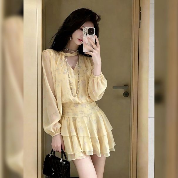 French-style Gentle V-neck Floral Long-sleeve A-line In Yellow, Casual Dress For Women, Early Spring 2026 New Model_ecoleips.com