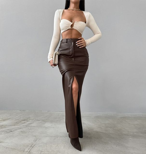 Verve 2025 Style Fashion PU Leather Solid Color Patchwork Design High Waist Split Slim Fit Long Skirt_ecoleips.com