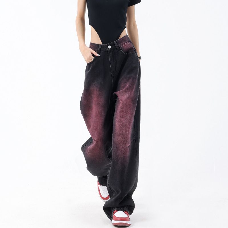 American Spring Summer New Graffiti Washed Jeans For Women Retro Design Straight Wide-Leg Long Pants_ecoleips.com