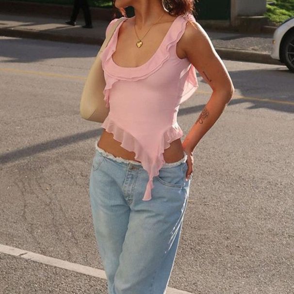 Women's Sleeveless Vest U Neck Ruffled Irregular Casual Fashion European American Style Summer Top Hot Selling 2024_ecoleips.com