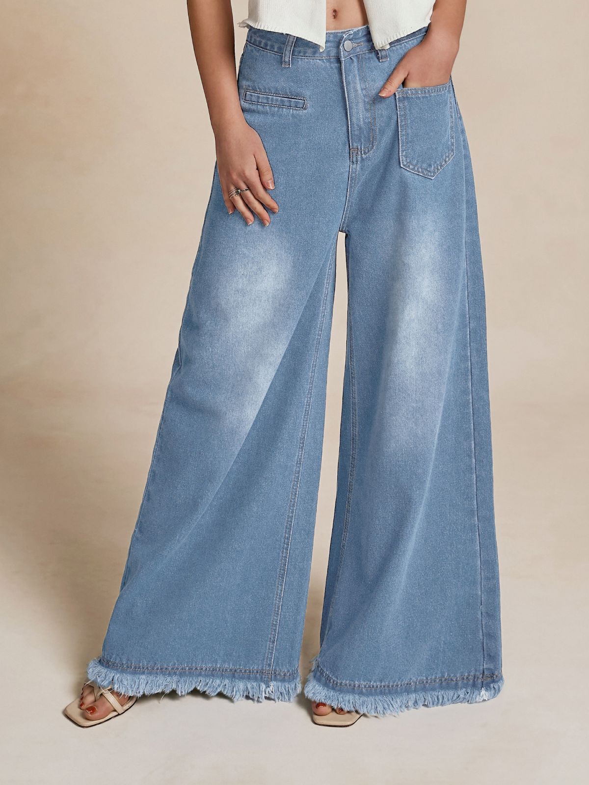 Women's Clothing Street Retro Wide Leg Frayed Edge Washed Denim Trousers_ecoleips.com