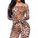 Women's Sexy Leopard Print Off-Shoulder Flare Sleeve Top Jumpsuit + Stretch Casual Pants_ecoleips.com