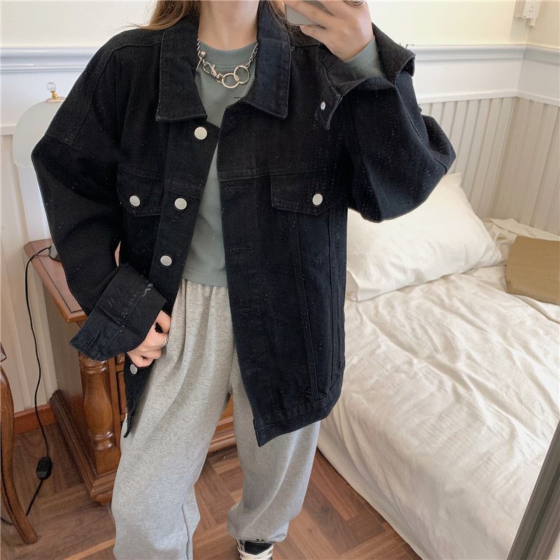 "Unisex Oversized Denim Jacket – Vintage Black Washed Couple's Streetwear Coat, Lightweight Spring Outerwear"_ecoleips.com