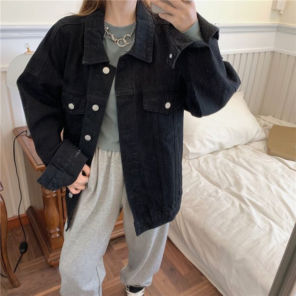 "Unisex Oversized Denim Jacket – Vintage Black Washed Couple's Streetwear Coat, Lightweight Spring Outerwear"_ecoleips.com