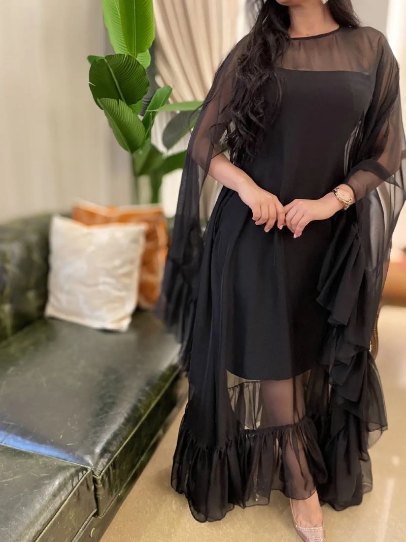 "Elegant Mesh Swing Evening Dress – Sexy Cape Detail For Parties & Special Occasions (S-XXL, Black)"_ecoleips.com