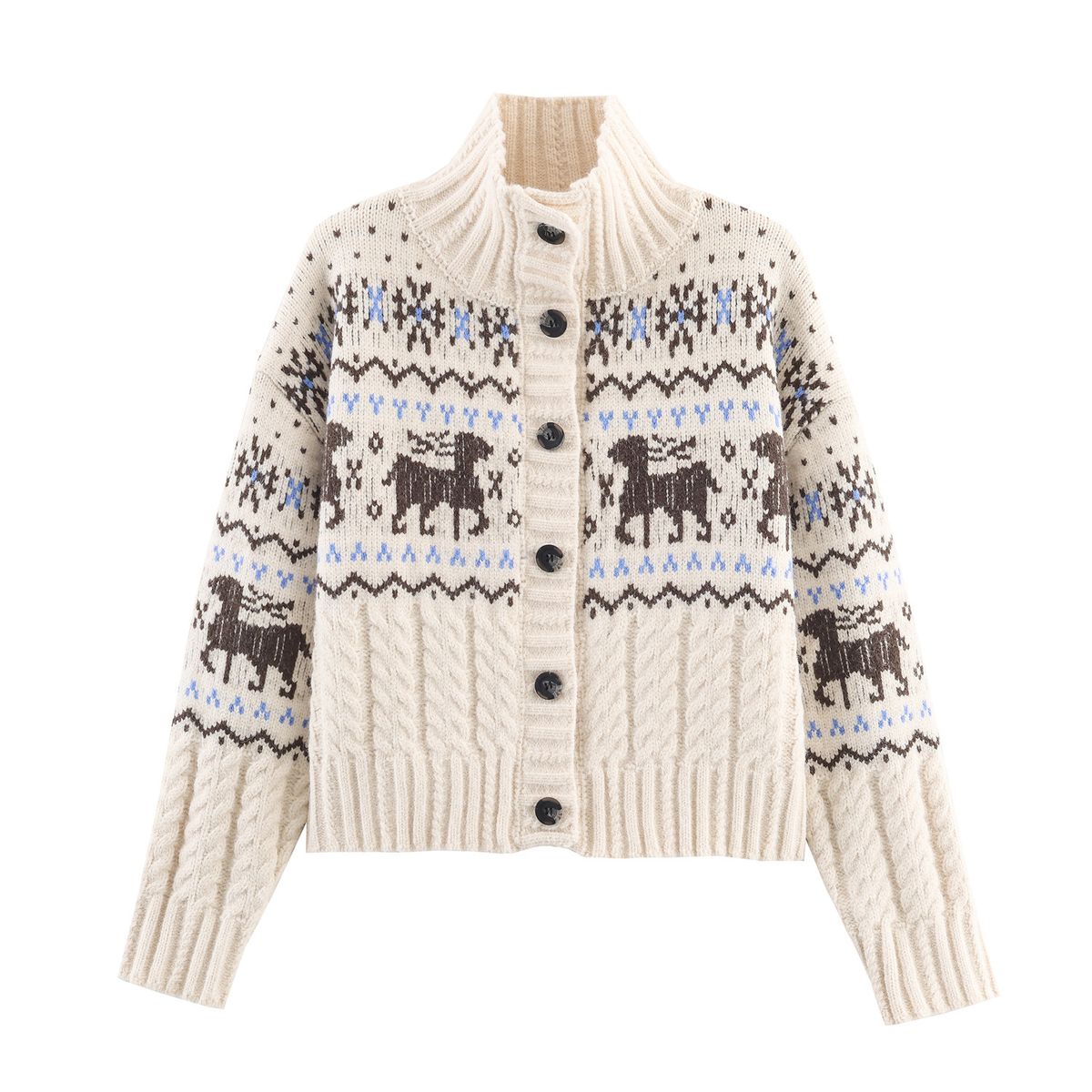 Korean-Inspired Christmas Deer Knit Sweater – Cozy High Neck Pullover With 3D Embroidery, Oversized Fit & Soft Polyester Blend_ecoleips.com