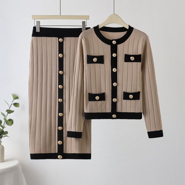 French Elegance Knitted Cardigan & Skirt Set For Women – Chic Autumn Two-Piece Outfit With Flowy Skirt & Soft Cardigan_ecoleips.com