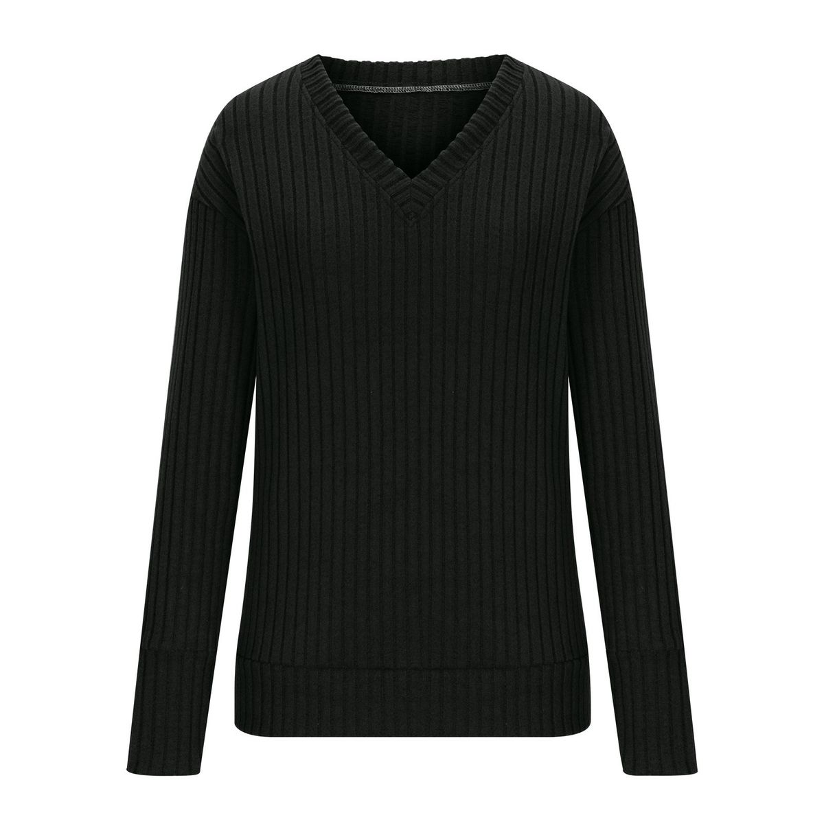 K Women's Long-sleeved V-neck Ribbed Brushed Knitted Top T-shirt_ecoleips.com