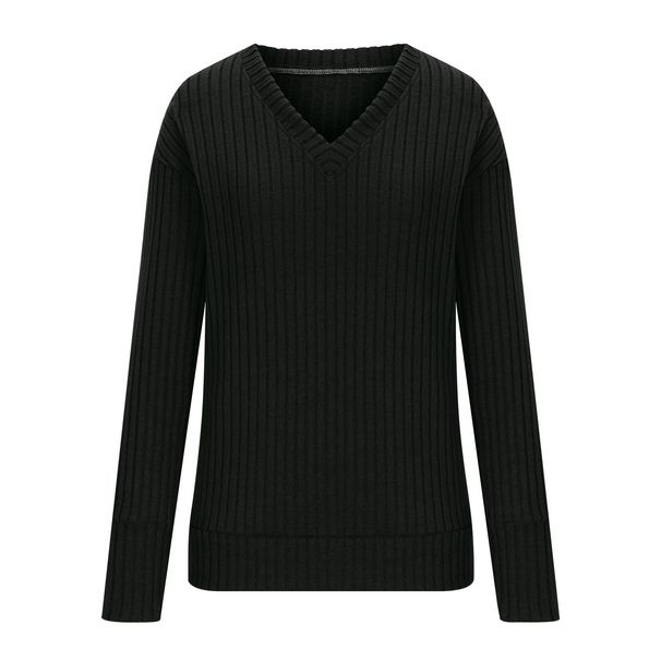 K Women's Long-sleeved V-neck Ribbed Brushed Knitted Top T-shirt_ecoleips.com