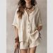 Summer Solid Color Women's Loose Fitting Button down Shirt And Shorts Set Fashion Casual plus Size Clothing_ecoleips.com