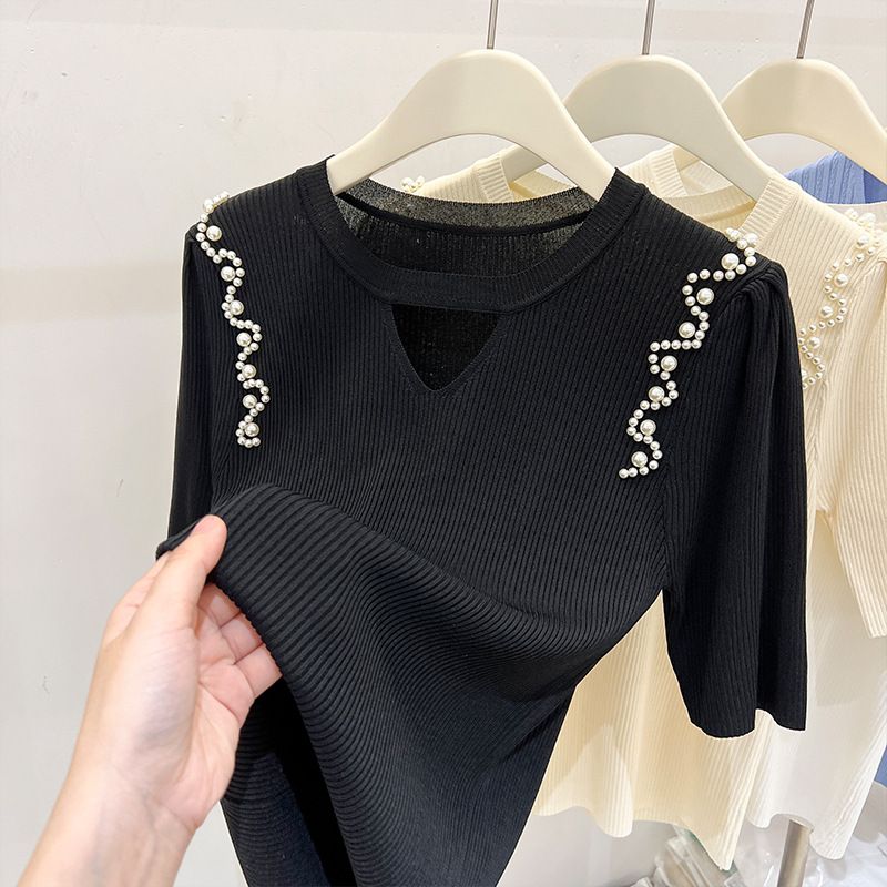 Women's Clothing Hollow Knit Sweater Women's Short Sleeves Summer New French Sweet And Spicy Style Design Ice Silk Slim Tops Women's Trend_ecoleips.com