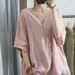 Summer New Half-sleeved Casual Loose Large Size Meat Covering Comfortable V-neck Top Short-sleeved T-shirt Solid Color High-end Women's Clothing_ecoleips.com