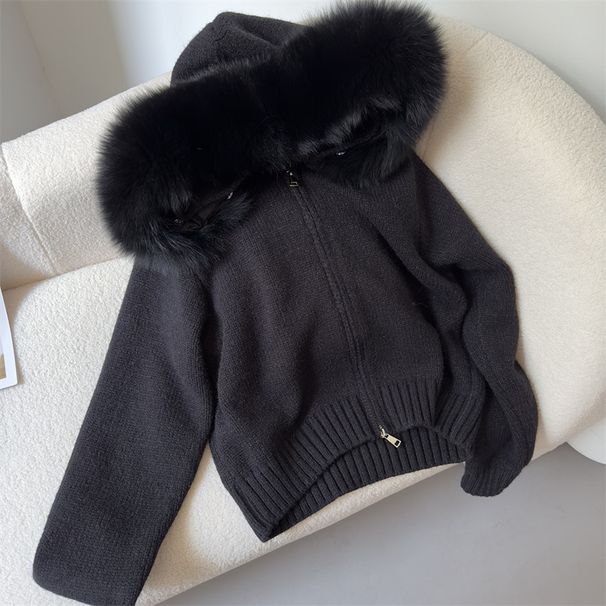 Women's Clothing Zipper Real Fox Fur Collar Hooded Cardigan Tops Jacket Women High End Spring And Autumn_ecoleips.com