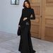 Women's Long Dress European American Style round Neck Solid Color Autumn Winter Fashion Elegant Decorative Ring Buckle Long Sleeves_ecoleips.com