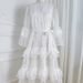 Elegant French Style Bell Sleeve Hollowed Out Lace Patchwork Cake Dress For Women Slim Waist Long Dress_ecoleips.com