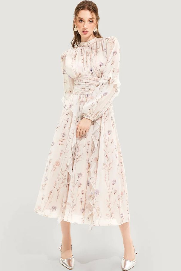Women Elegant Long Sleeve Chiffon Dress Fashion Floral Print Ruffle Hem Formal Evening Party Long Maxi Dress For Ladies_ecoleips.com