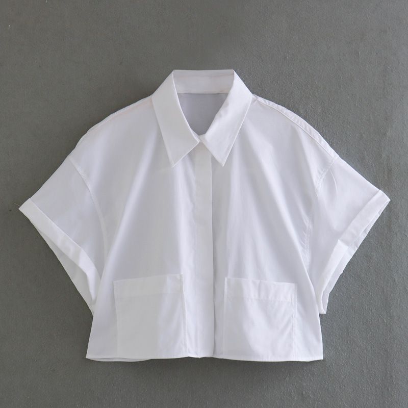 Summer New European And American Style Loose Short Pocket Decoration Poplin Shirt_ecoleips.com