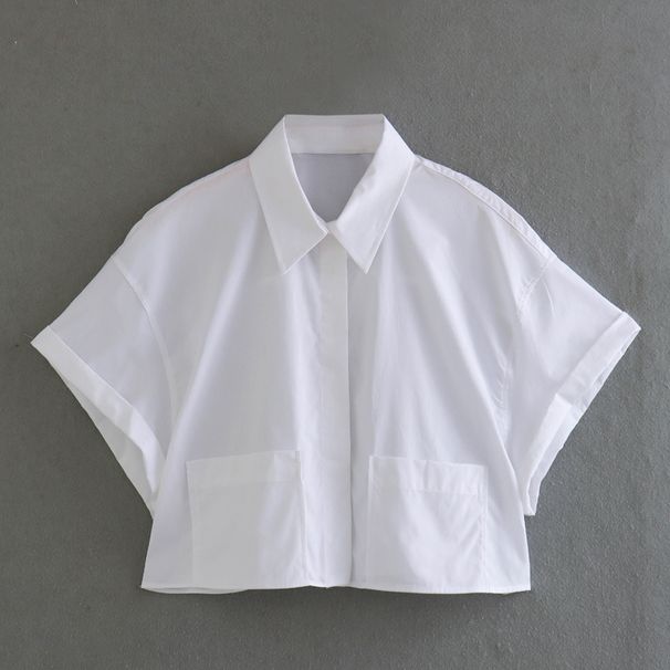 Summer New European And American Style Loose Short Pocket Decoration Poplin Shirt_ecoleips.com