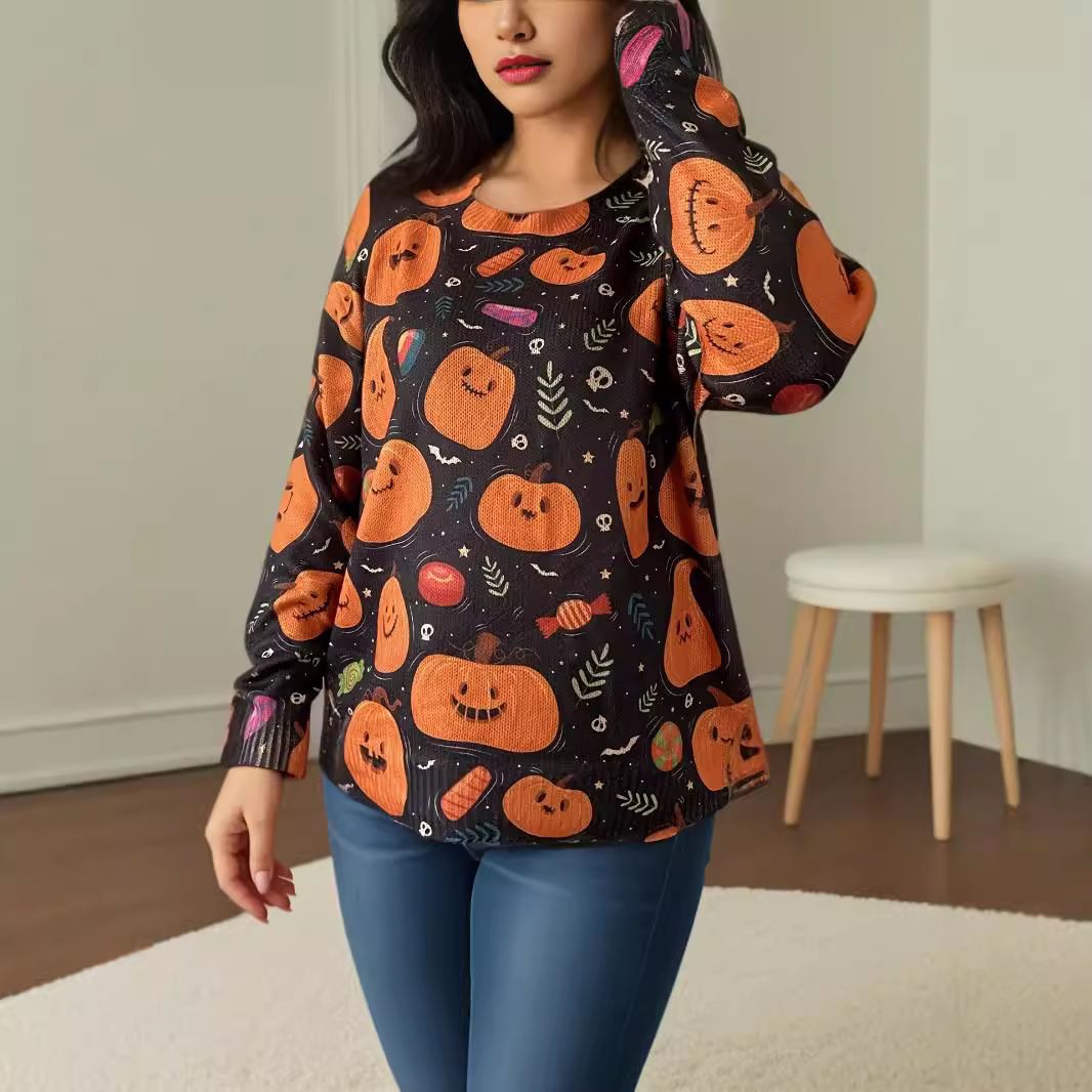 Cross-border European American Halloween Funny Pumpkin Print Long-sleeve Pullover Sweater, New Autumn Style For Women,_ecoleips.com