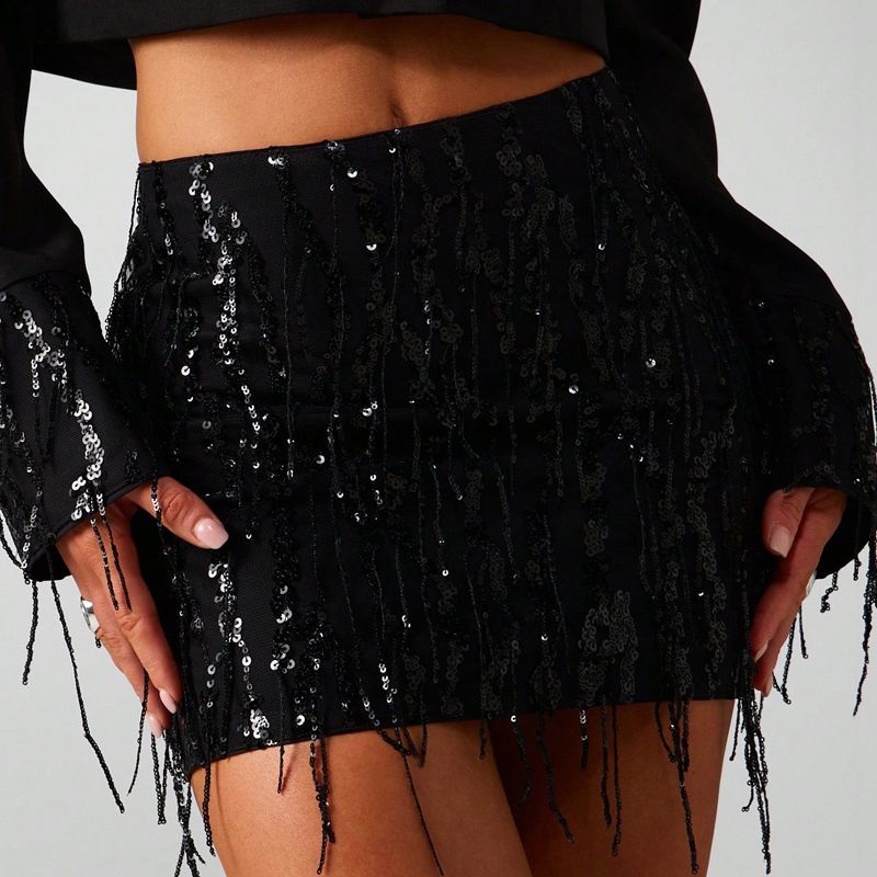 Clubwear Party Tassel Slim Bodycon Skirts For Women Spring Sexy High Waist Mini Skirts Summer Fashion Sequined Streetwear Skirts_ecoleips.com