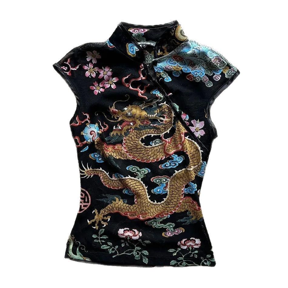 Stylish Women's Slim Fit T-Shirt Color Blocking Stand up Collar Printed Short Sleeves Chinese Knot Button Black European American Style_ecoleips.com