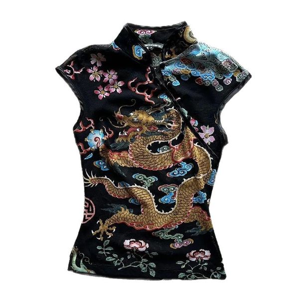 Stylish Women's Slim Fit T-Shirt Color Blocking Stand up Collar Printed Short Sleeves Chinese Knot Button Black European American Style_ecoleips.com