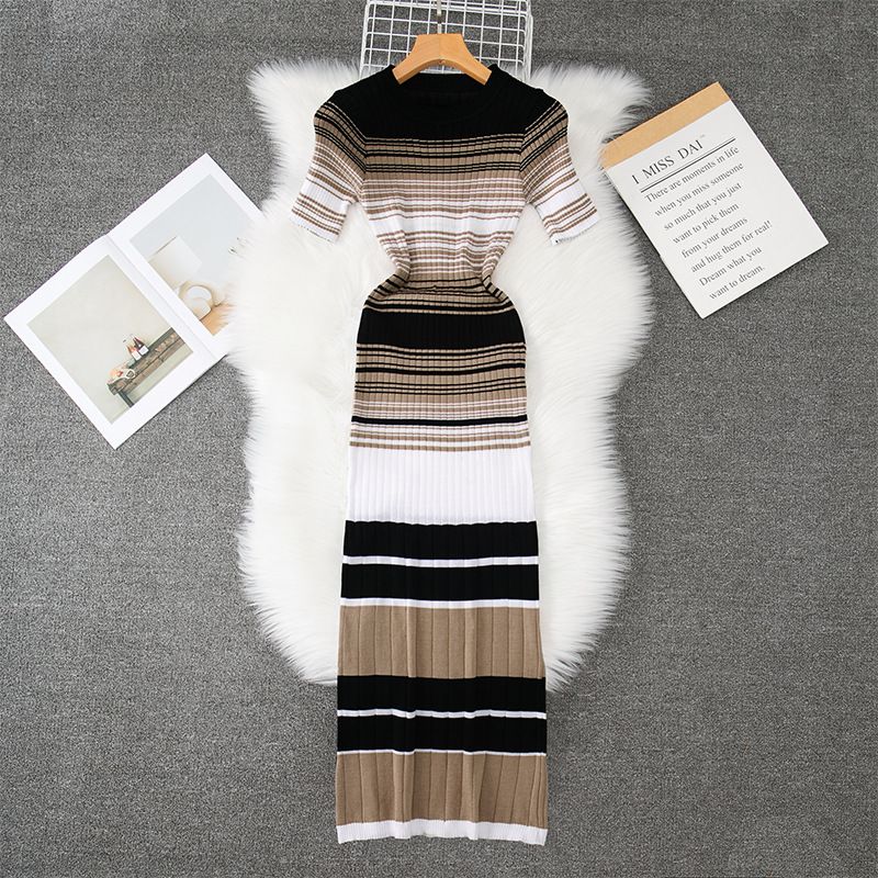 Women's Slim Fit Striped Knit Dress Elegant Sweater Dress With Short Sleeves Foreign Trade Women's Clothing Skirt_ecoleips.com