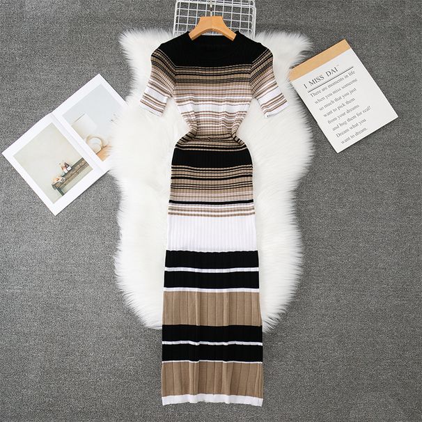 Women's Slim Fit Striped Knit Dress Elegant Sweater Dress With Short Sleeves Foreign Trade Women's Clothing Skirt_ecoleips.com