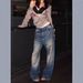 Vintage Washed Studded Baggy Jeans, Women's High Waist Loose Fit Denim Trousers, Y2K Streetwear Wide Leg Pants For Casual & Festival_ecoleips.com