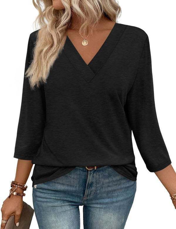 Women's V-Neck Long Sleeve Top, Spring Casual Women's Tunic, Knit T-Shirt_ecoleips.com