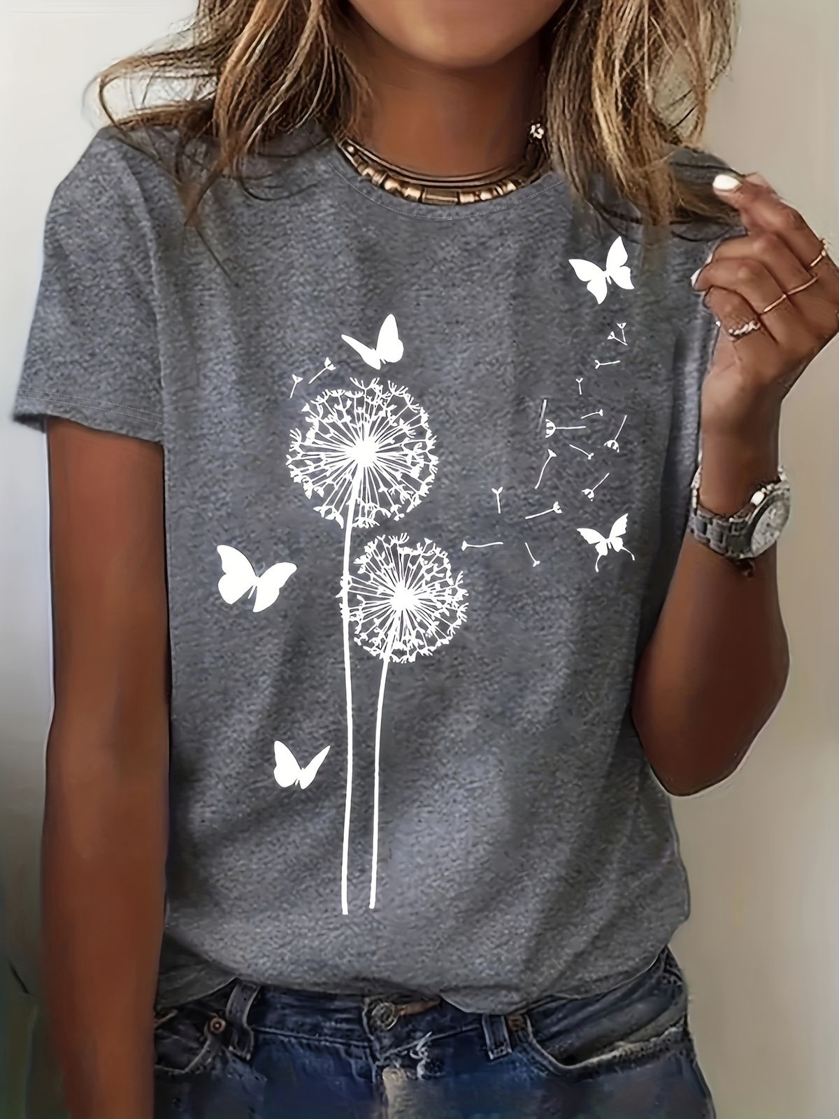 Relaxed Chic Women's Casual Dandelion And Butterfly Print T-Shirt Perfect For Summer Dandelion Pattern Fashionable For Women_ecoleips.com