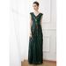 women's retro banquet dark green long sequined evening dress plus size bridesmaid wedding dress deep V elegant dress long dress_ecoleips.com