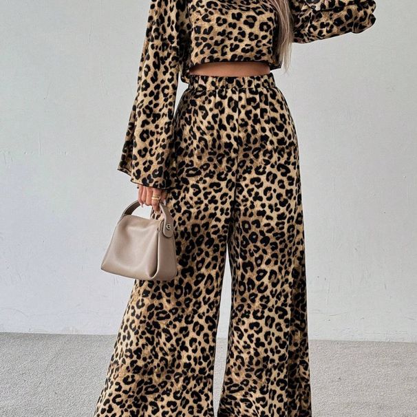 Women's 2-Piece Leopard Print Round Neck Long Sleeve Short Top And Wide-Leg Pants Set_ecoleips.com