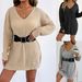 Women's V-Neck Sweater Dress Soft Knit Pullover Casual Long Sleeve Tunic Top Winter Fall Layering Staple_ecoleips.com