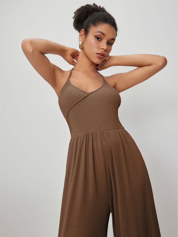 Voya Women's Knitted Lace Up Hanging Neck And Waist, Sexy Spicy Girl Suspender Jumpsuit, European And American Foreign Trade Jumpsuit_ecoleips.com